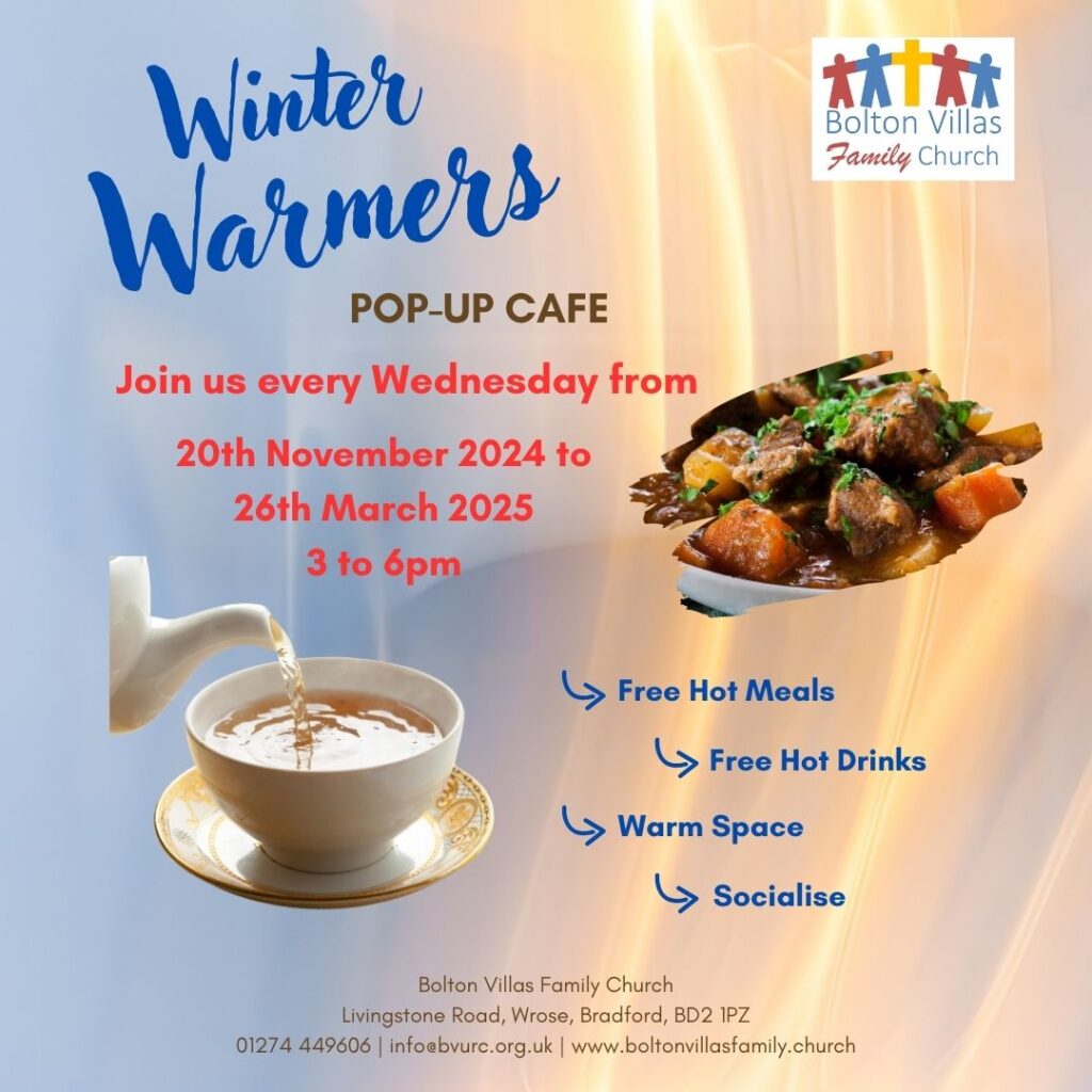 Winter Warmers Pop-Up Cafe runs every Wednesday from 20th November through to 26th March 2025, 3-6pm